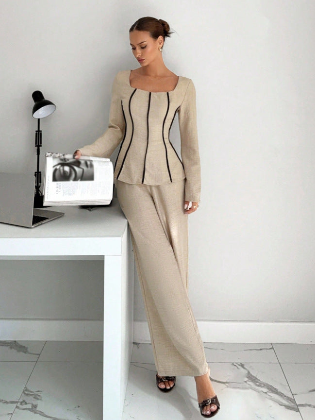 Beige wide-leg pants set with shaped top and flared sleeves, wide full-length pants