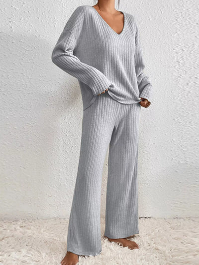 Ribbed Loungewear Set - V-Neck Top Wide-Leg Pants - Fashions Envy