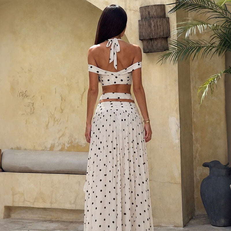 White polka-dot back view halter maxi skirt set with tie straps and elastic waist