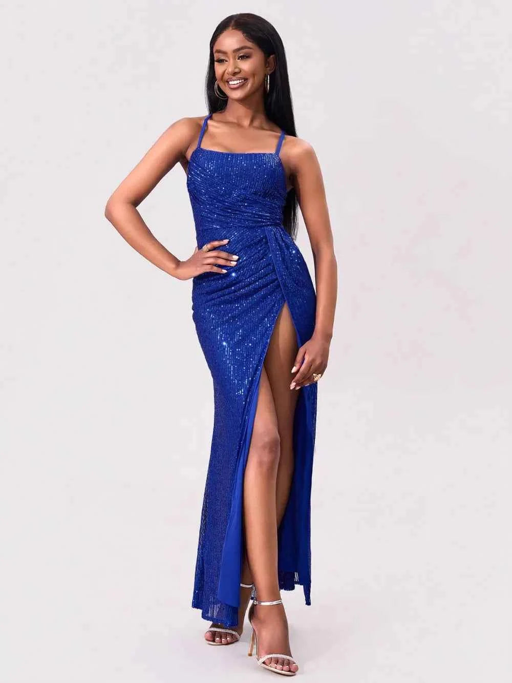 Royal Blue Sequin Maxi Dress - Square Neck Spaghetti Strap