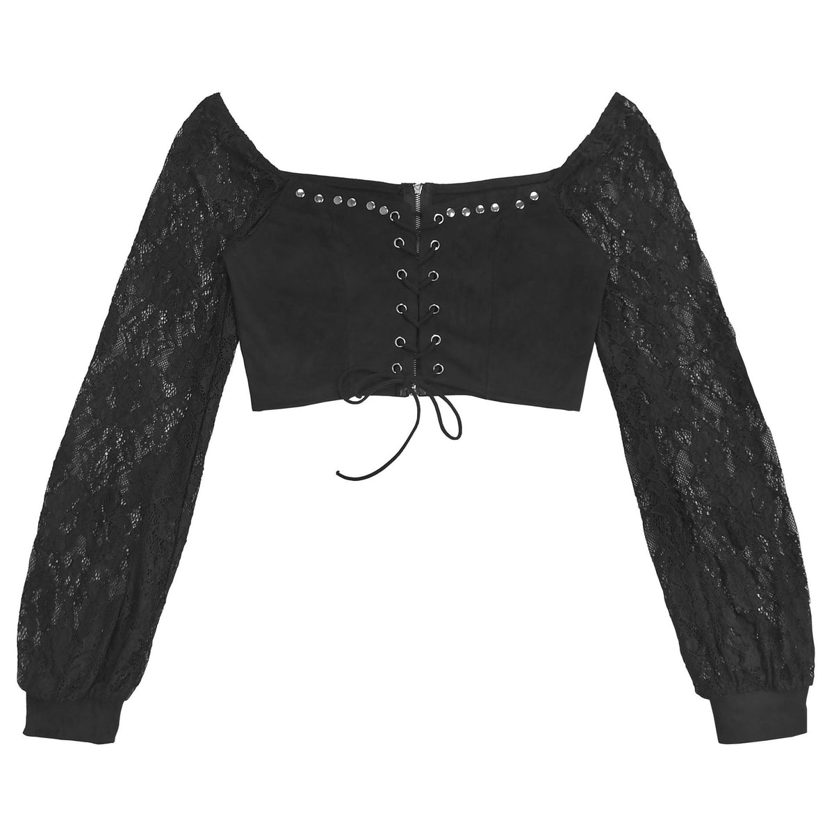 Black Lace-Up Two-Piece Skirt Set - Off-Shoulder Top and Ruffles