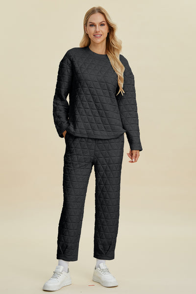 Double Take Full Size Texture Round Neck Long Sleeve Top and Pants Set - Fashions Envy