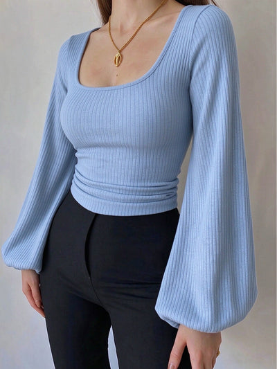 Light blue ribbed knit square-neck lantern-sleeve top, slim long-sleeve fit