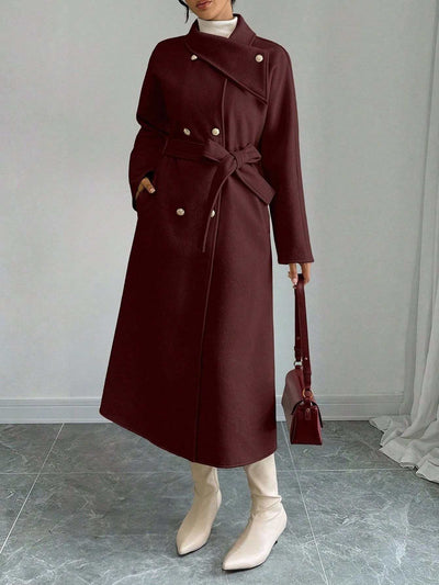 Double-Breasted Long Coat - Waist Tie & Wide Lapels