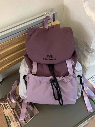 Drawstring Backpack Bag - Purple Color Block Nylon Style