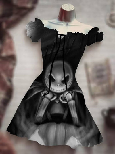 Black Drawstring Dress featuring a spooky skeleton design for a stylish and unique look