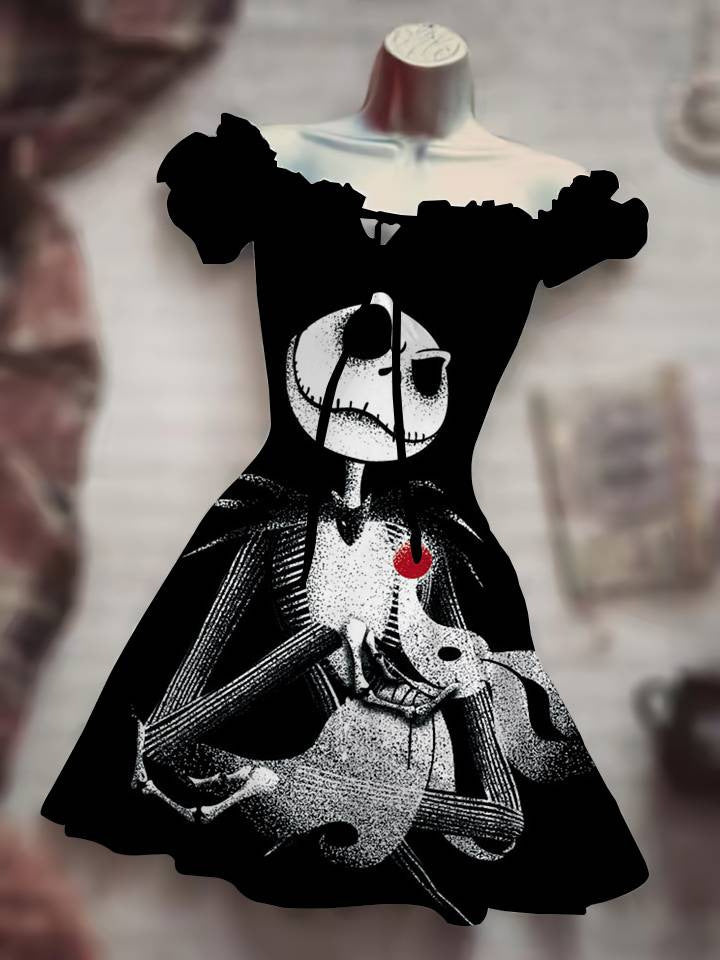 Black Drawstring Dress featuring spooky character design for a stylish Halloween look