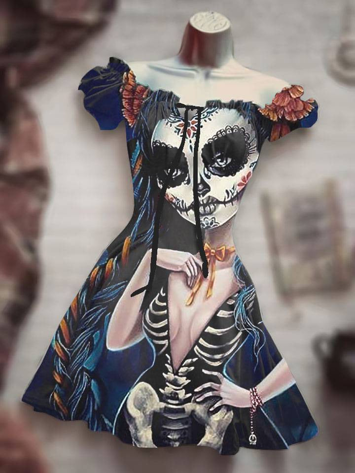 Colorful Drawstring Dress featuring a skeleton design and floral accents for a unique look