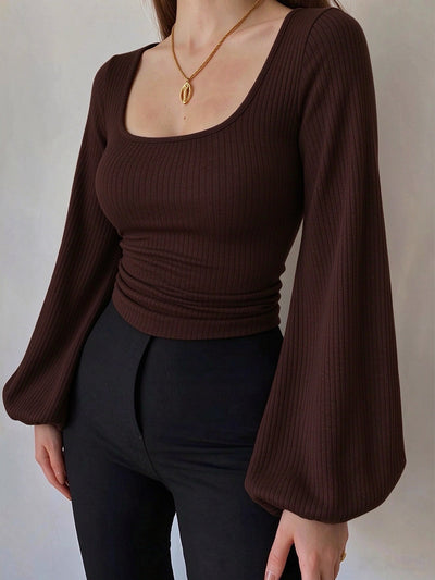 Brown ribbed knit square-neck slim-fit top with long lantern sleeves