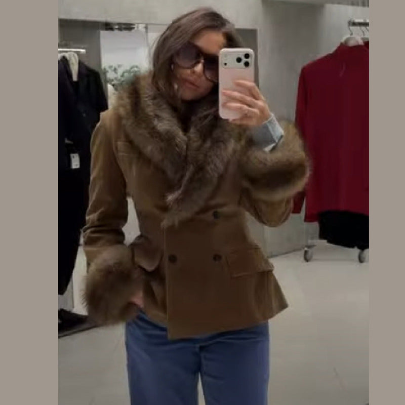 Brown Faux Suede Jacket - Plush Collar and Cuff Trim