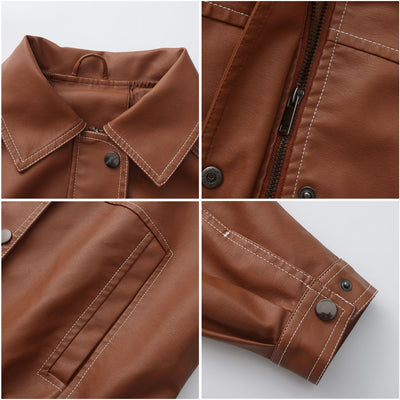 Faux leather jacket close-up with contrast-trim collar and zipper, snap details on placket