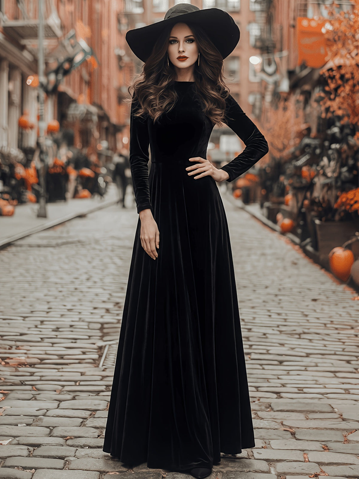 Black velvet maxi dress with long sleeves and flared skirt