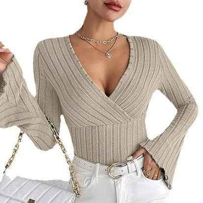 Ribbed V-Neck Top - Flared Sleeve Elegant Fit - Fashions Envy