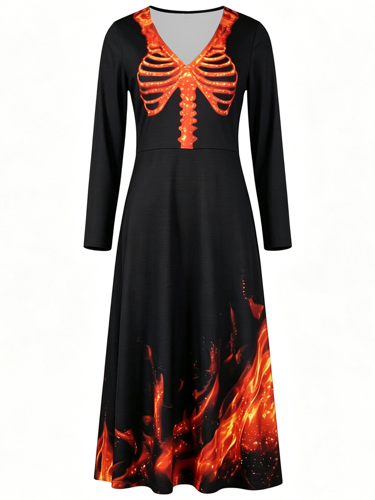 Black V-neck midi dress with glowing orange skeleton chest and flame hem