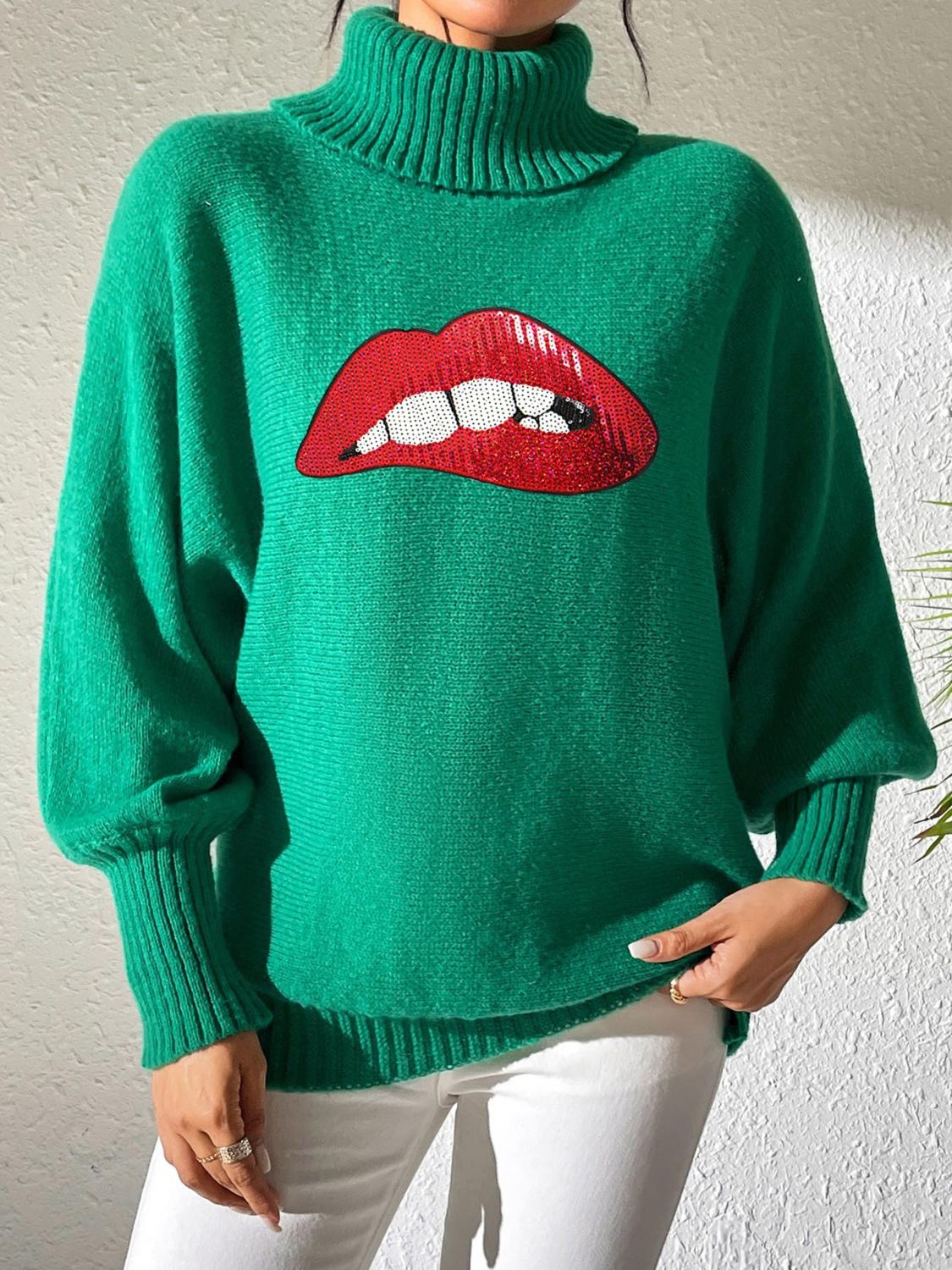 Lip Turtleneck Long Sleeve Sweater - Fashions Envy