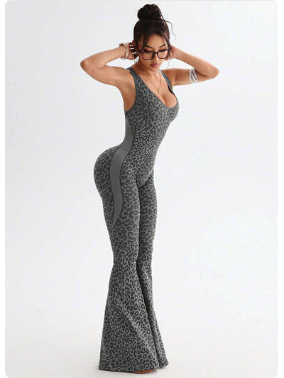 Cross-Back Flared Yoga Jumpsuit - Open Back and Scoop Neck