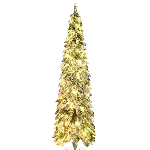 Snow Flocked Pencil Christmas Tree - 6 FT Pre-Lit