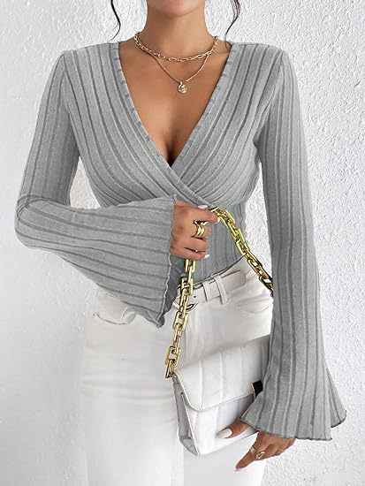 Ribbed V-Neck Top - Flared Sleeve Elegant Fit - Fashions Envy
