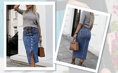 Button Front Denim Midi Skirt - Bodycon Fit Front Slit Patch Pockets
