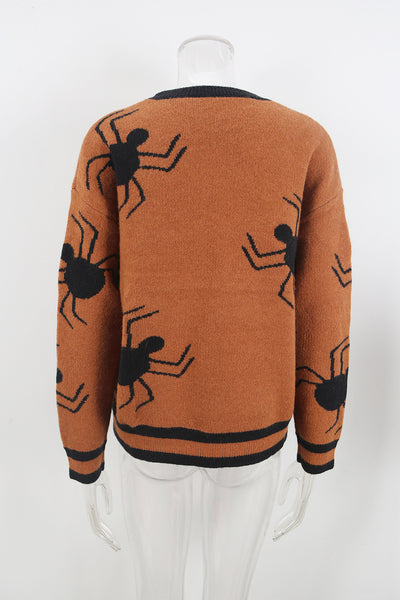 Halloween Spider Knit Sweater - Striped Ribbed Crewneck