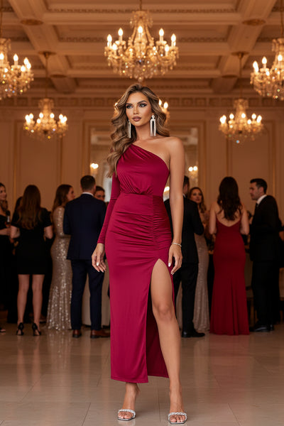 Deep Red One Shoulder Ruched Slit Maxi Dress