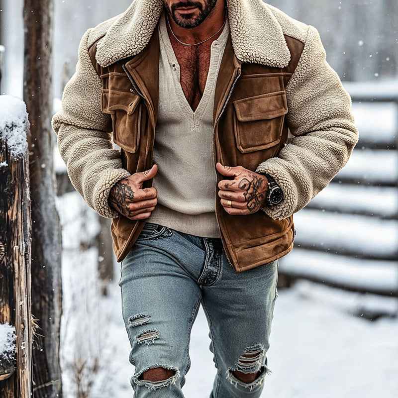 Mens Shearling-Blend Suede-Lined Lapel Zip Jacket