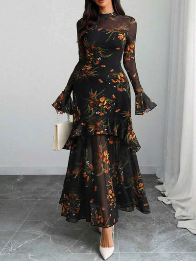 Floral Print Flounce Sleeve Mermaid Maxi Dress