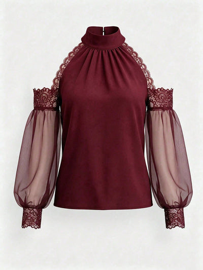 Lace-Trim Cold-Shoulder Blouse - Sheer Balloon Sleeves