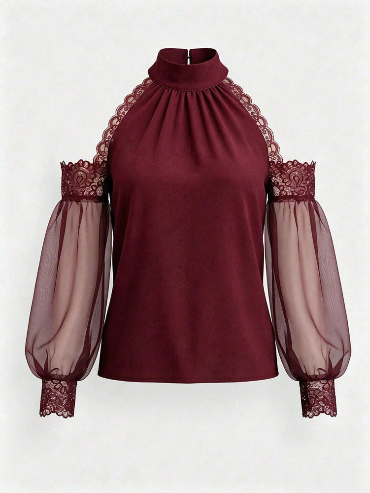 Lace-Trim Cold-Shoulder Blouse - Sheer Balloon Sleeves