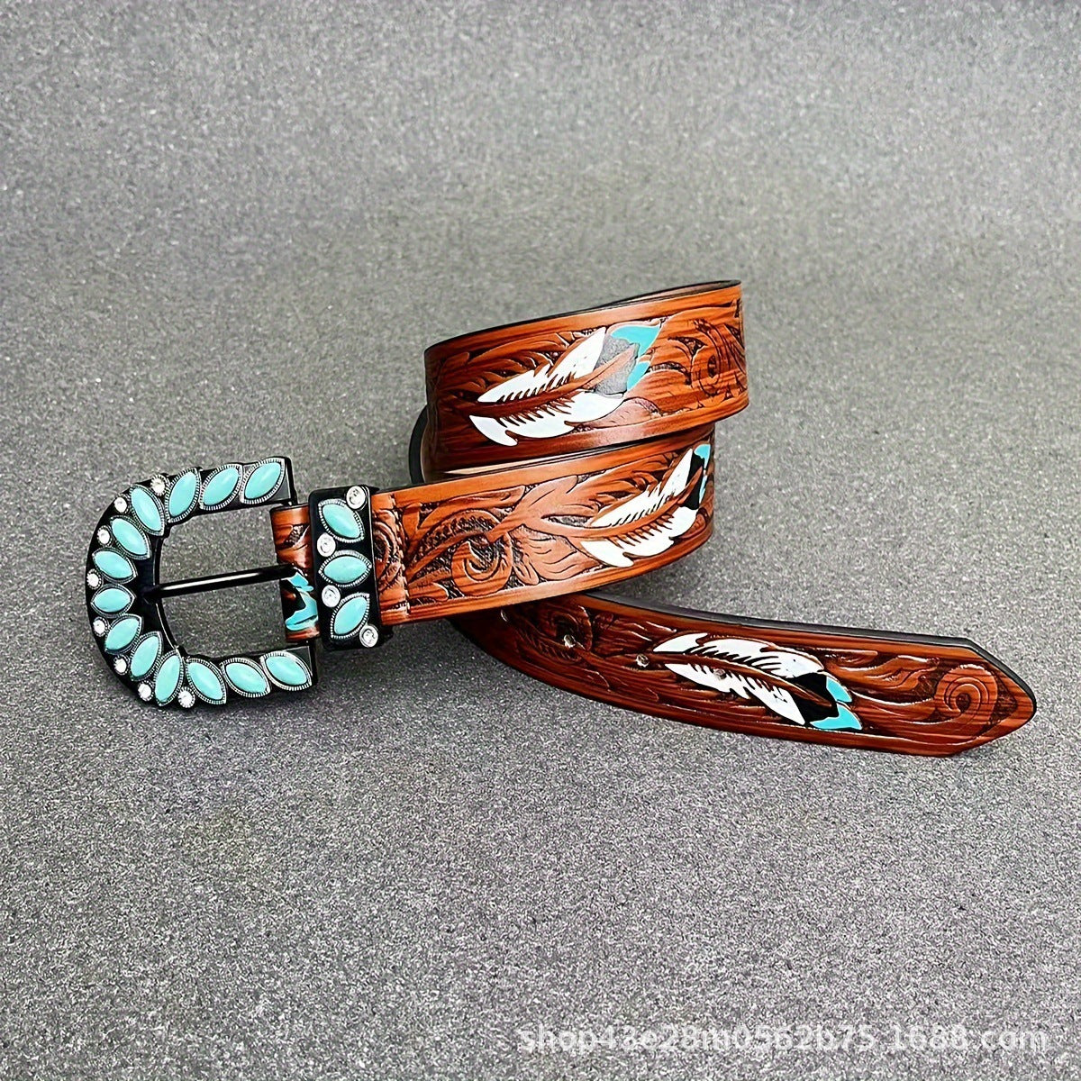 Western feather belt accessory: brown tooled leather with turquoise buckle and feather motifs
