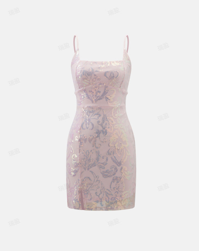Pink sequin mini dress with thin straps