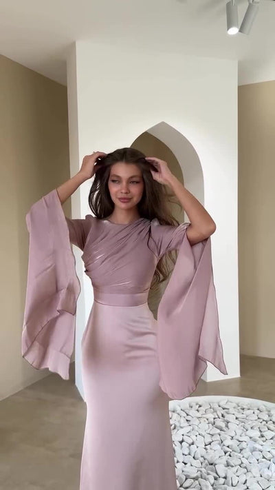 Long Sleeve Maxi Dress - Draped Bodice and Split Sleeves