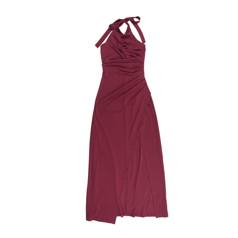 Wine halter-neck slit maxi dress with bow tie back and fitted draped bodice