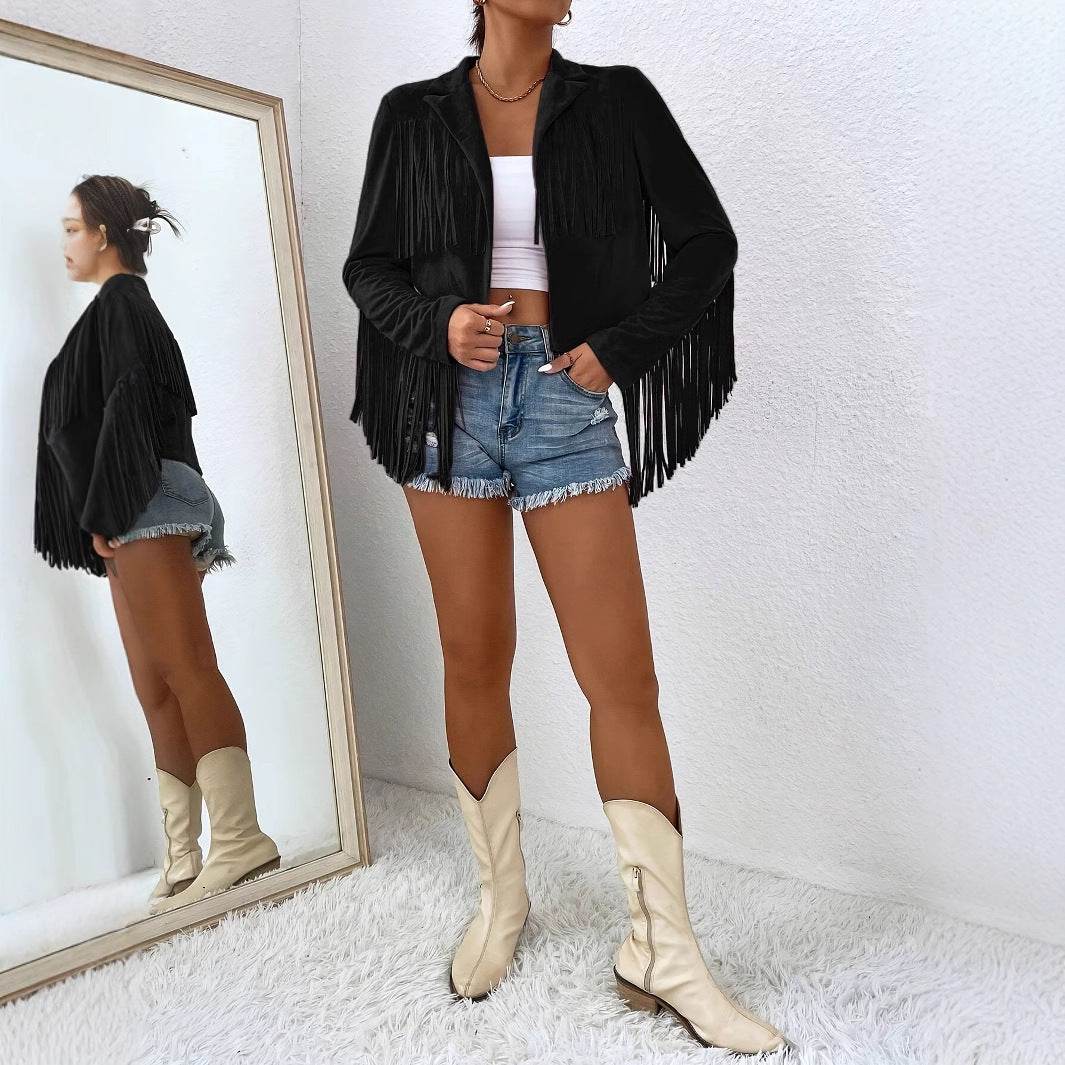 Black Fringe Jacket - V-Neck Long Sleeve Coat
