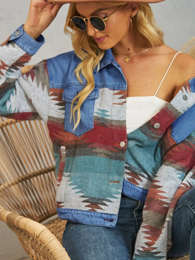 Geometric Dropped Shoulder Denim Jacket - Oversized Style - Fashions Envy