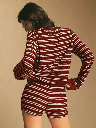 Striped Long-Sleeve Top and Shorts Set - Drawstring Waist Detail