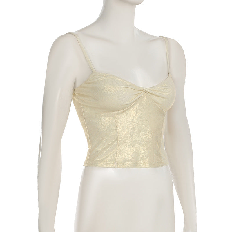 Beige slim-strap cami top with sweetheart neckline and twist-front gathered bust
