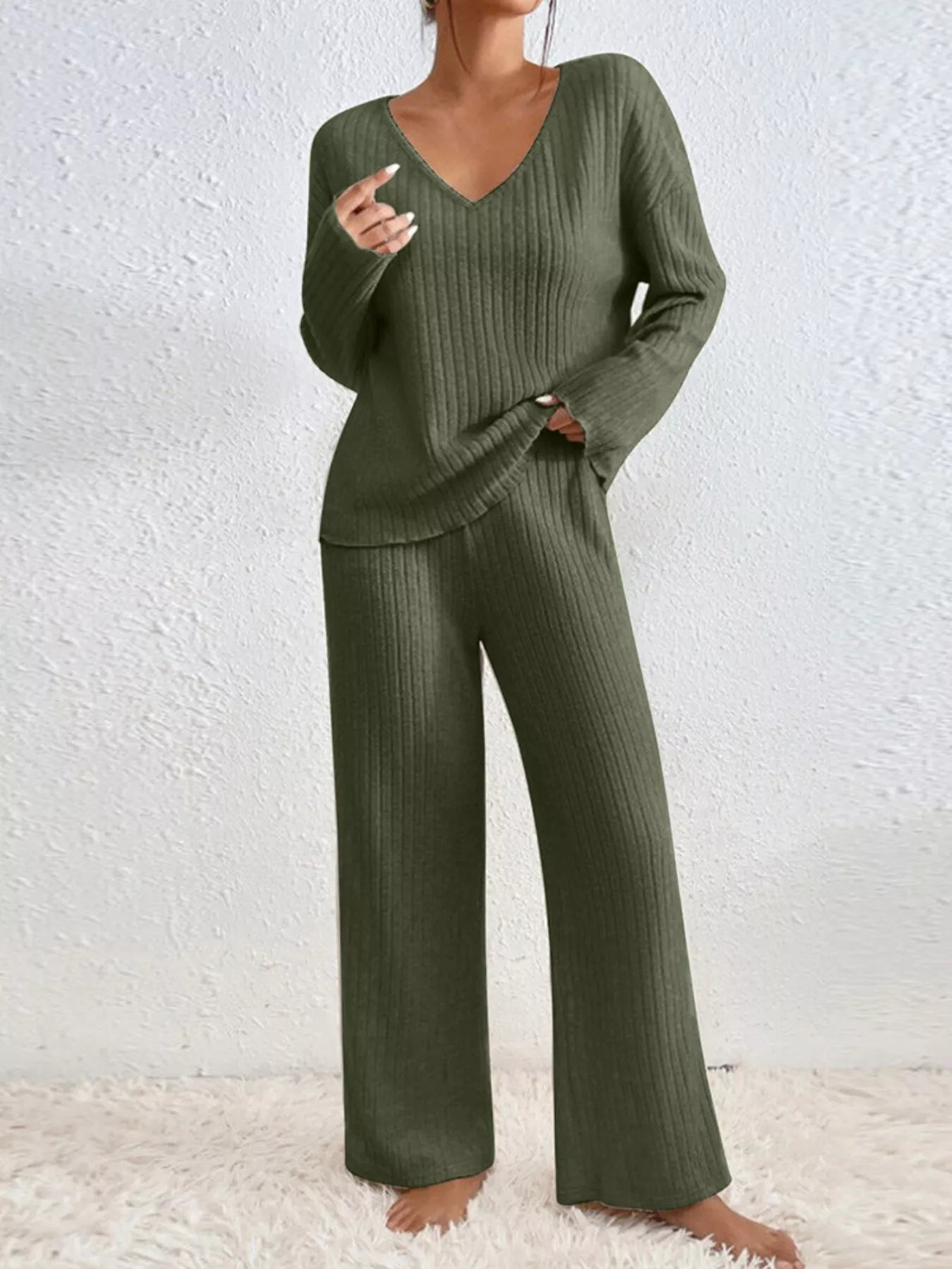 Ribbed Loungewear Set - V-Neck Top Wide-Leg Pants - Fashions Envy