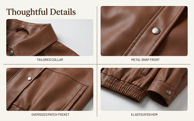 Brown faux leather jacket details: tailored collar, metal snaps, patch pocket, elastic hem