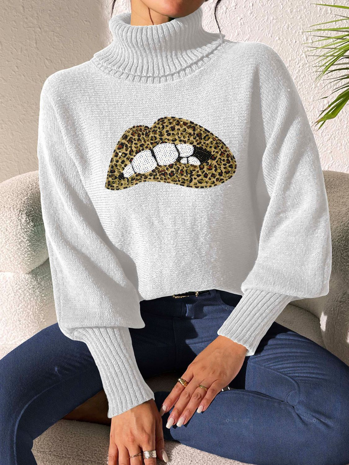 Lip Turtleneck Long Sleeve Sweater - Fashions Envy