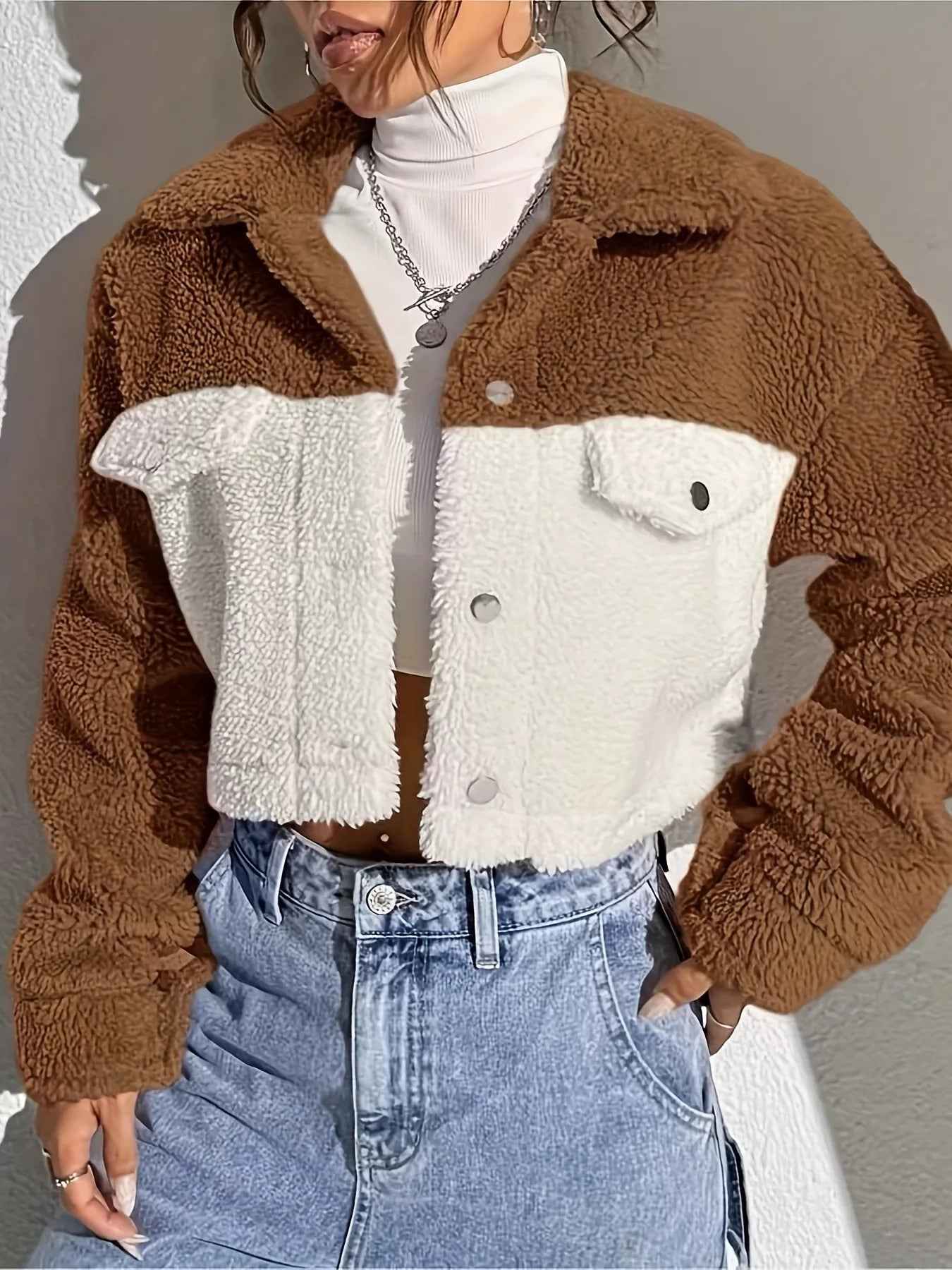 Two-Tone Plush Cropped Jacket - Cozy Button-Up Style - Fashions Envy