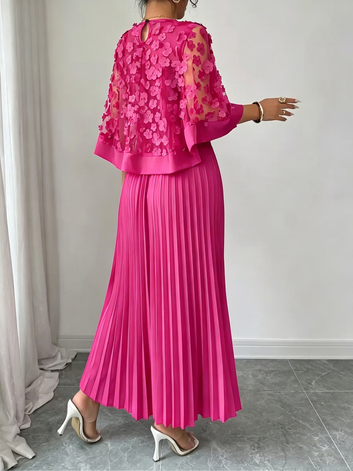 Pink A-line pleated dress with floral applique mesh back panel
