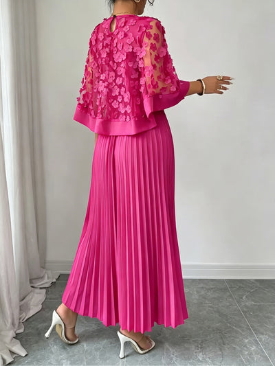Pink A-line pleated dress with floral applique mesh back panel