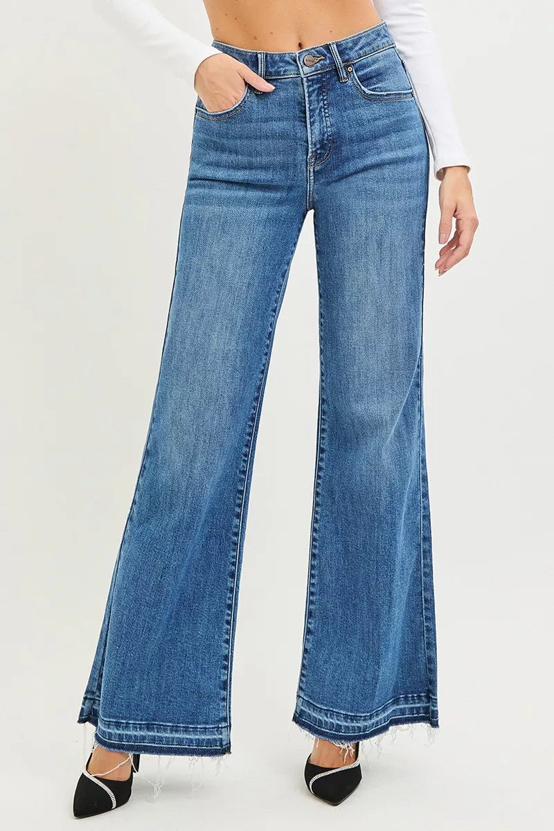 RISEN Wide Leg Jeans - Women's High Rise Released Hem - Fashions Envy