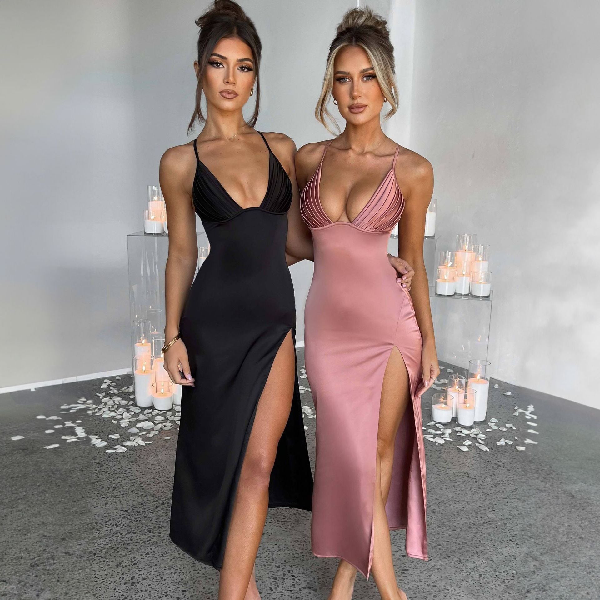 Elegant Satin Maxi Dress in black and pink with high slits and stylish neckline for formal occasions