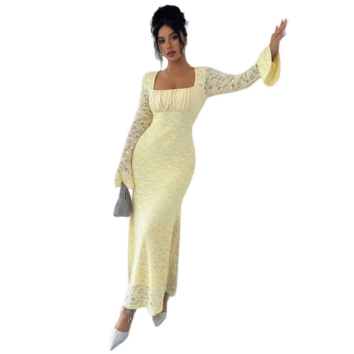 Elegant Lace Bodycon Maxi Dress - Chic Yellow Gown