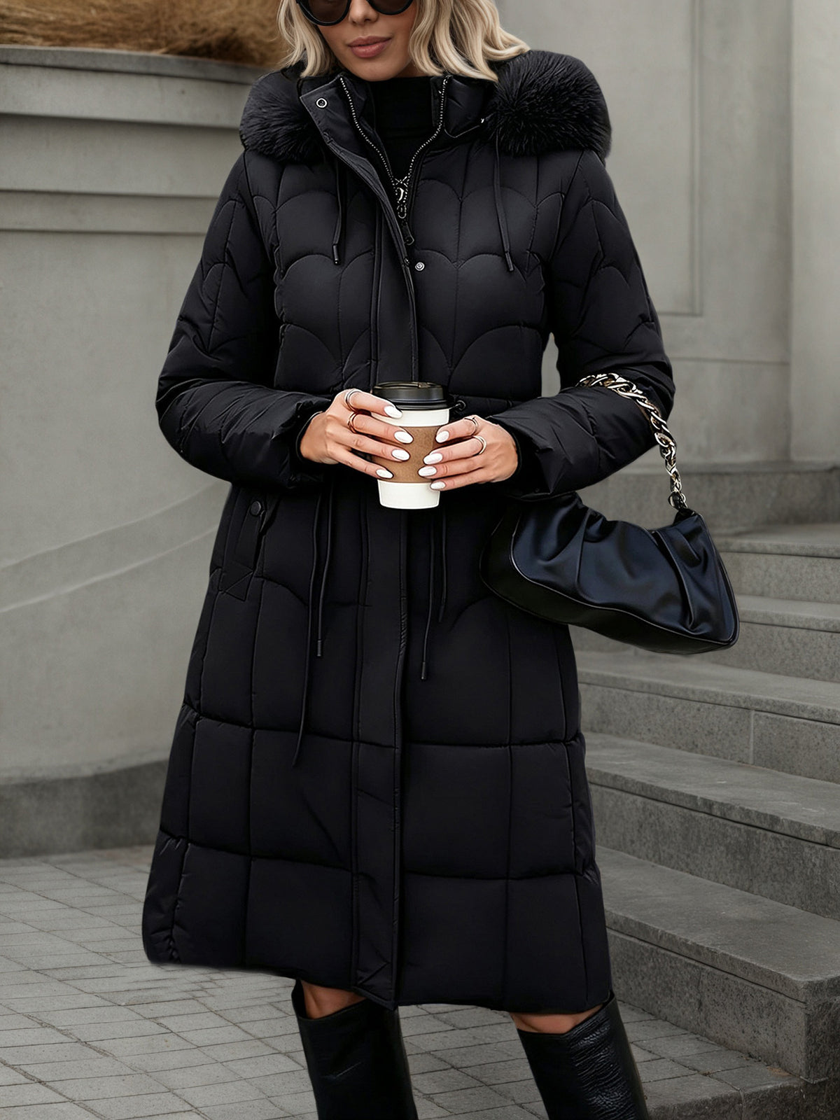 Scallop-Quilted Long Puffer Coat - Faux-Fur Trim Hood