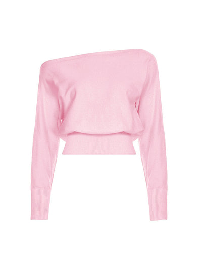 Off Shoulder Knit Sweater - Slouchy Sleeves and Ribbed Hem