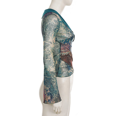Floral Mesh V-Neck Top - Bell Sleeves & Shaped Hem