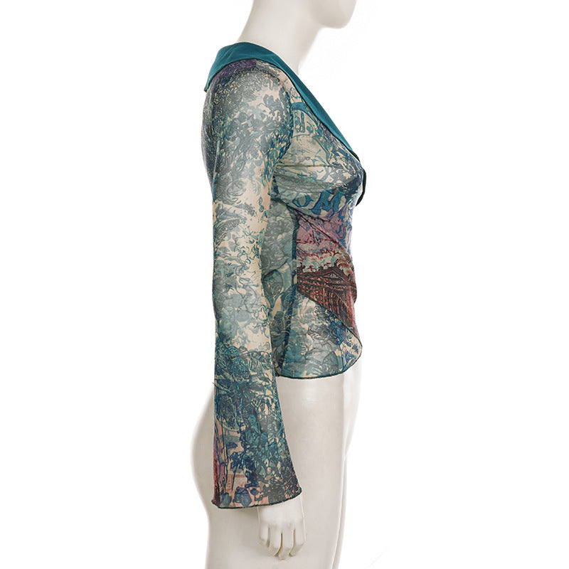 Floral Mesh V-Neck Top - Bell Sleeves & Shaped Hem